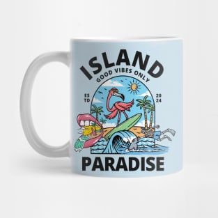 Island Paradise Flamingo Surfing Beach Mug